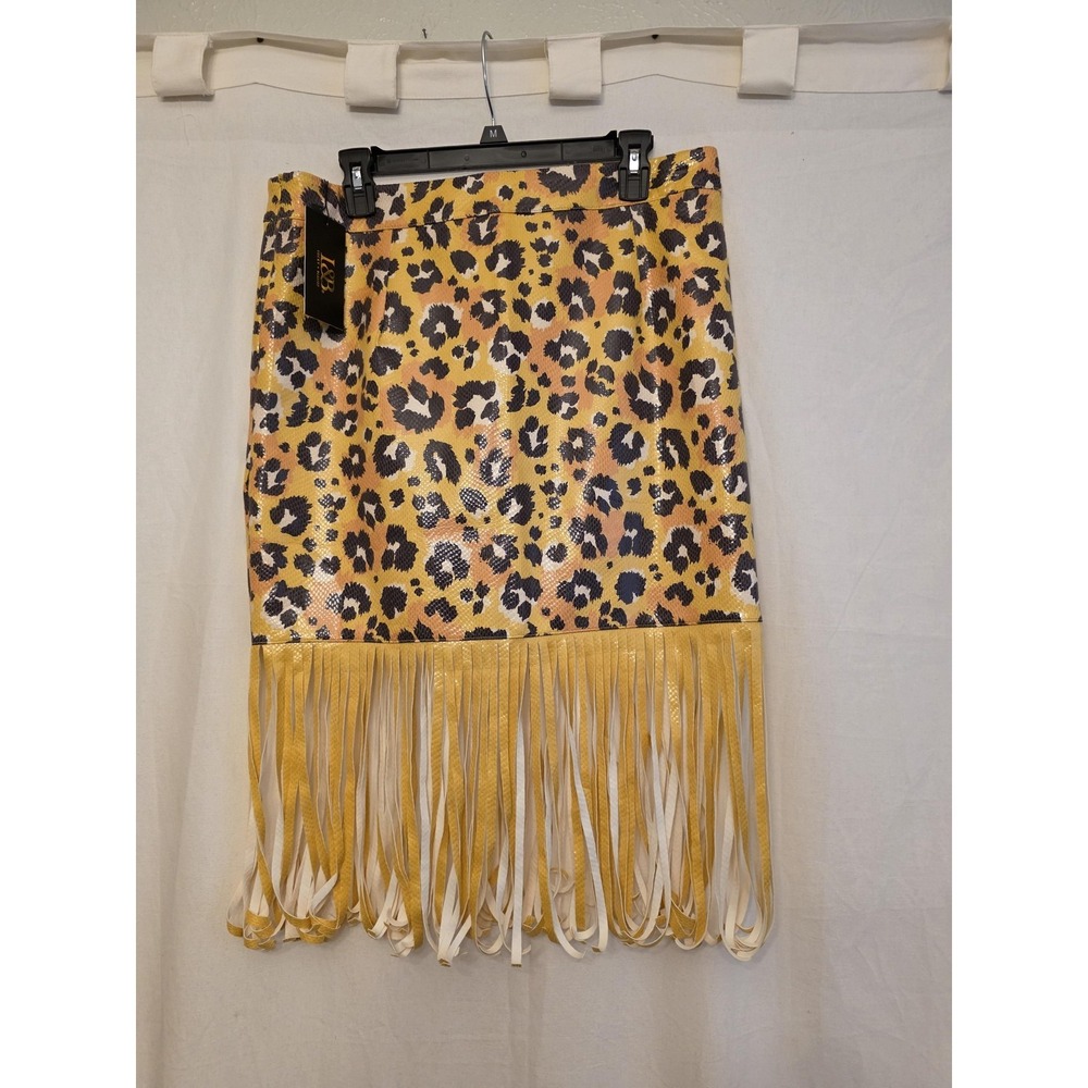 L&B Lucky & Blessed Skirt Womens XL Yellow Leopard Fringe Midi Stretch‎ Party